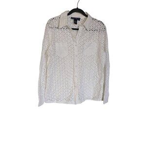 Susan Graver eyelet floral Button Down blouse size Medium‎ White